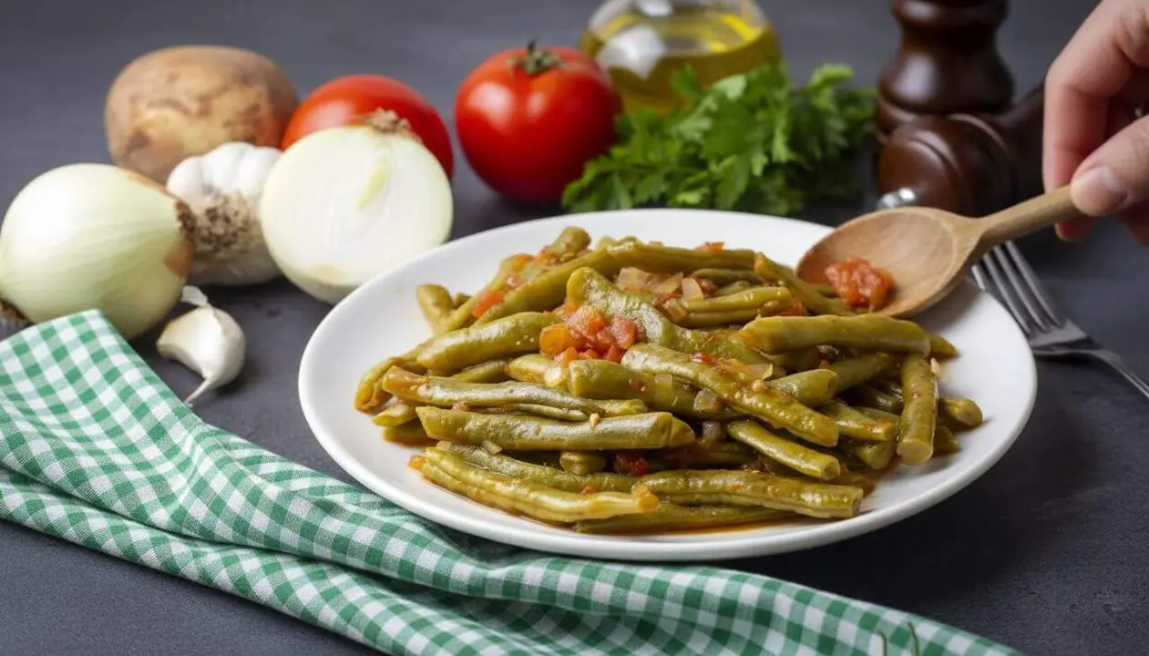  Plat de jud&iacute;es verdes turqueses amb tom&agrave;quet, all i ceba, una recepta saludable i plena de sabor tradicional &mdash; Imagen generada por IA 