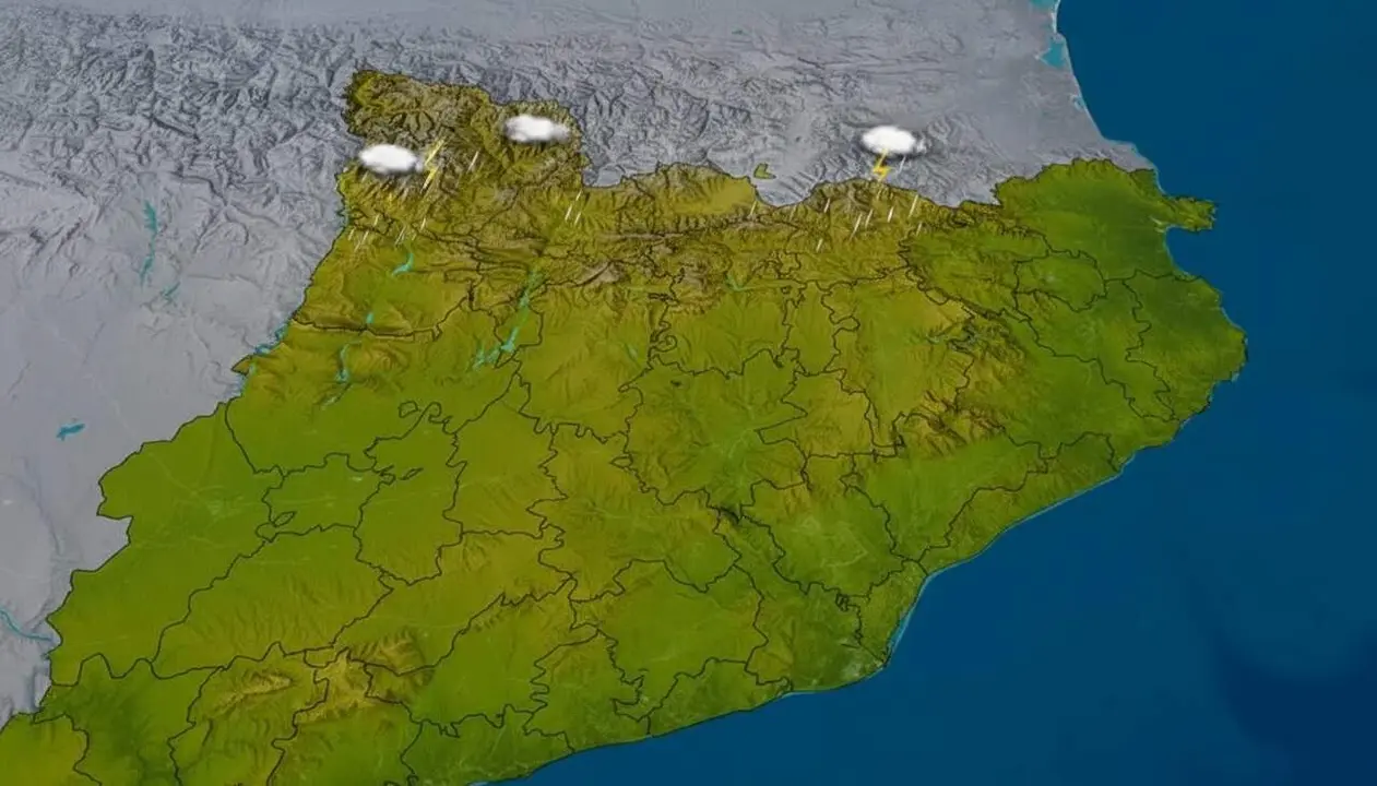  Mapa meteorol&ograve;gic amb temperatures pujant i ruixats al Pirineu mentre el litoral de Tarragona refresca lleugerament &mdash; Imagen generada por IA 