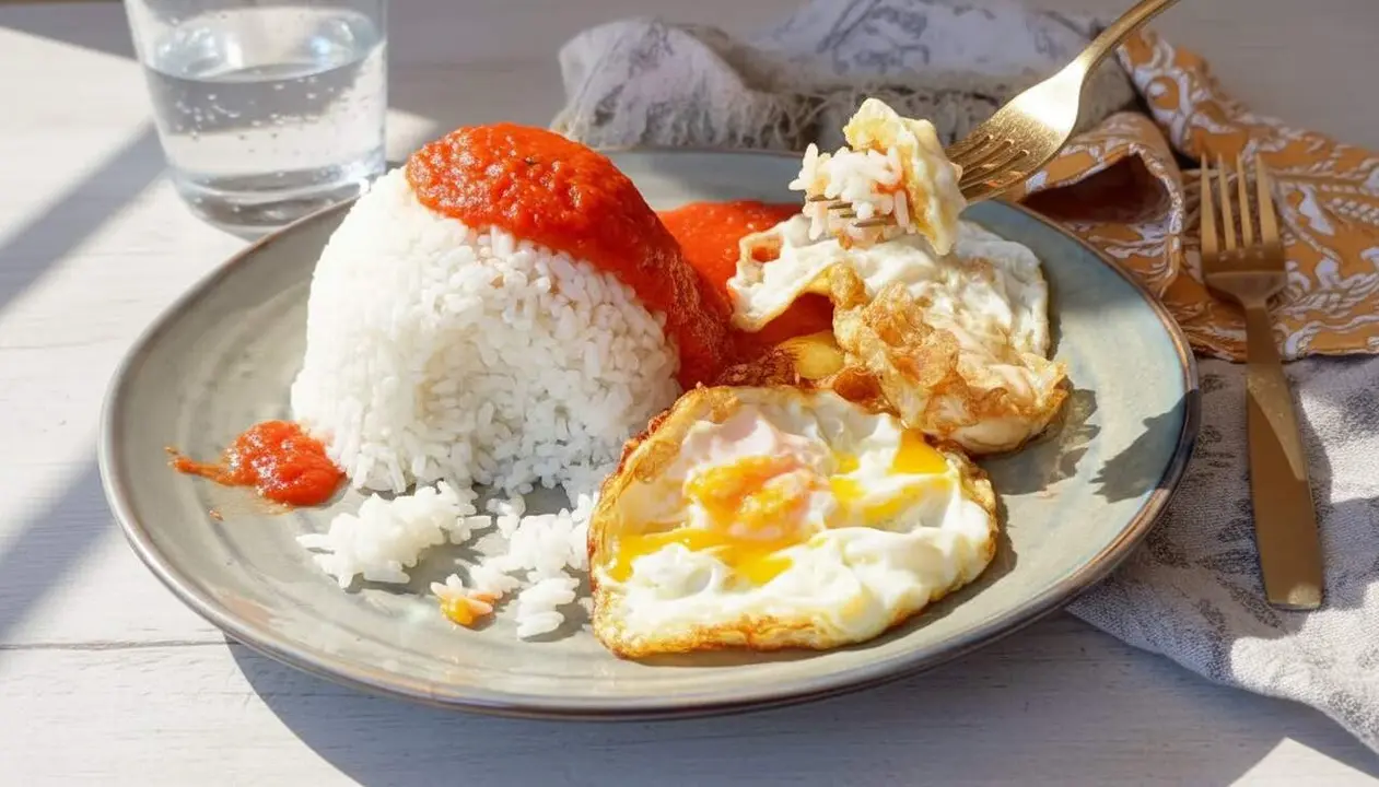  Arr&ograve;s a la cubana tradicional amb plat complet de pl&agrave;tan fregit, ou fregit i arr&ograve;s blanc ben preparat &mdash; Imagen generada por IA 