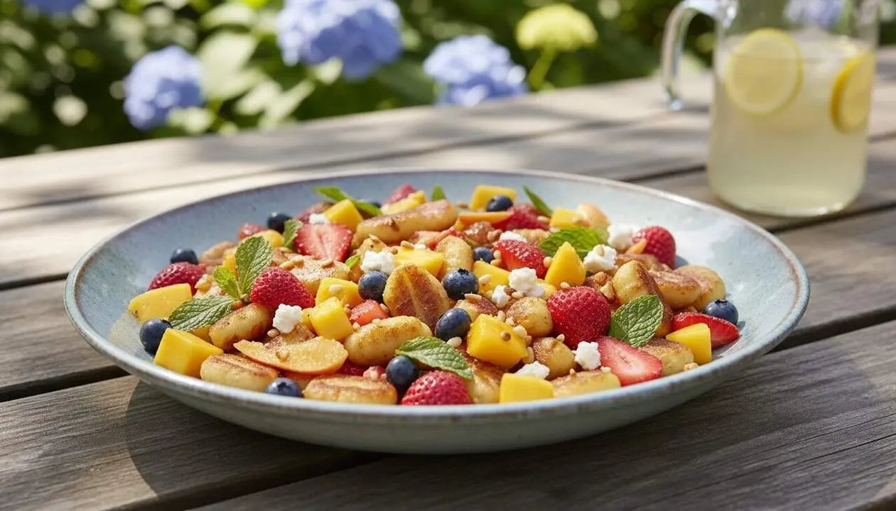 Amanida d&rsquo;estiu amb gnocchis i fruita fresca ideal per plats lleugers i refrescants durant la temporada calorosa &mdash; Imagen generada por IA