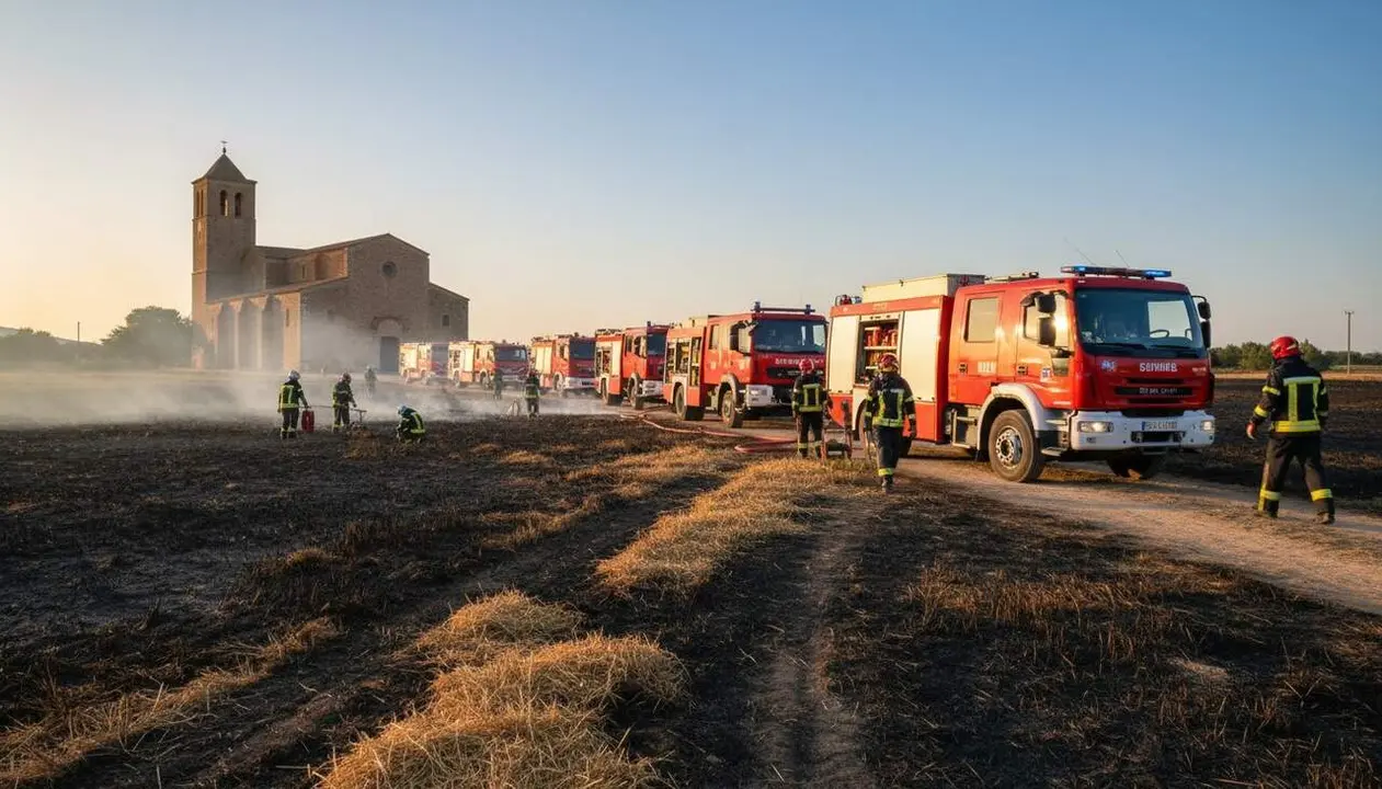  Set dotacions de Bombers treballant per controlar un incendi agr&iacute;cola al Pla de Santa Maria amb fum intens i flames visibles &mdash; Imagen generada por IA 