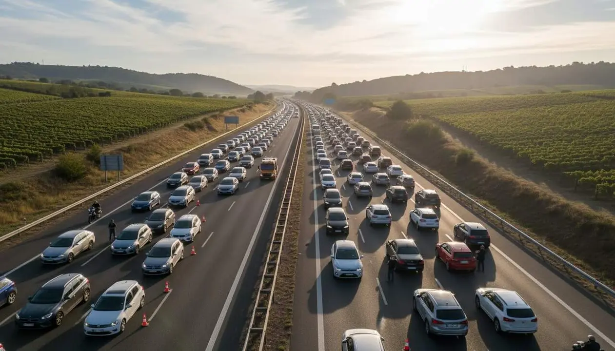 Retenci&oacute; de vehicles a lAP7 a Vilafranca del Pened&egrave;s amb un carril tallat al quil&ograve;metre indicat &mdash; Imagen generada por IA