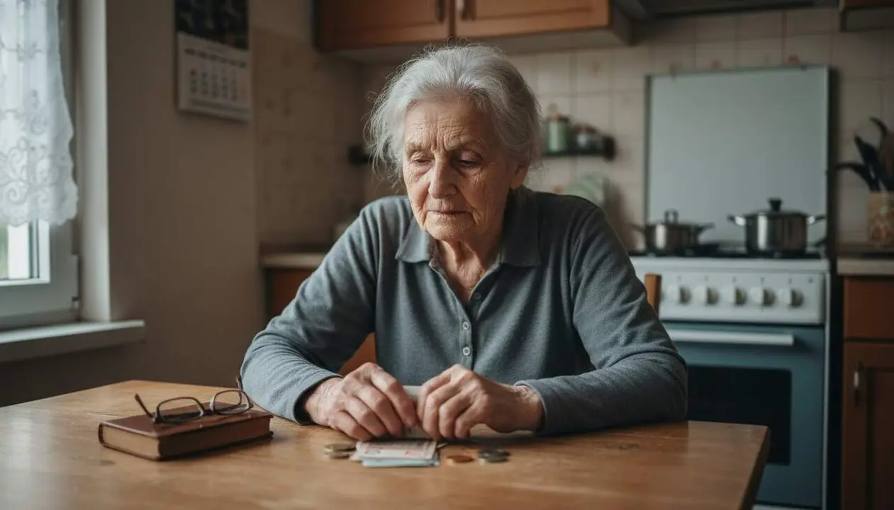 Persona reflexionant davant documents de pensions amb gr&agrave;fics que mostren la baixada de la pensi&oacute; m&iacute;nima de vidu&iuml;tat el 2026 &mdash; Imagen generada por IA
