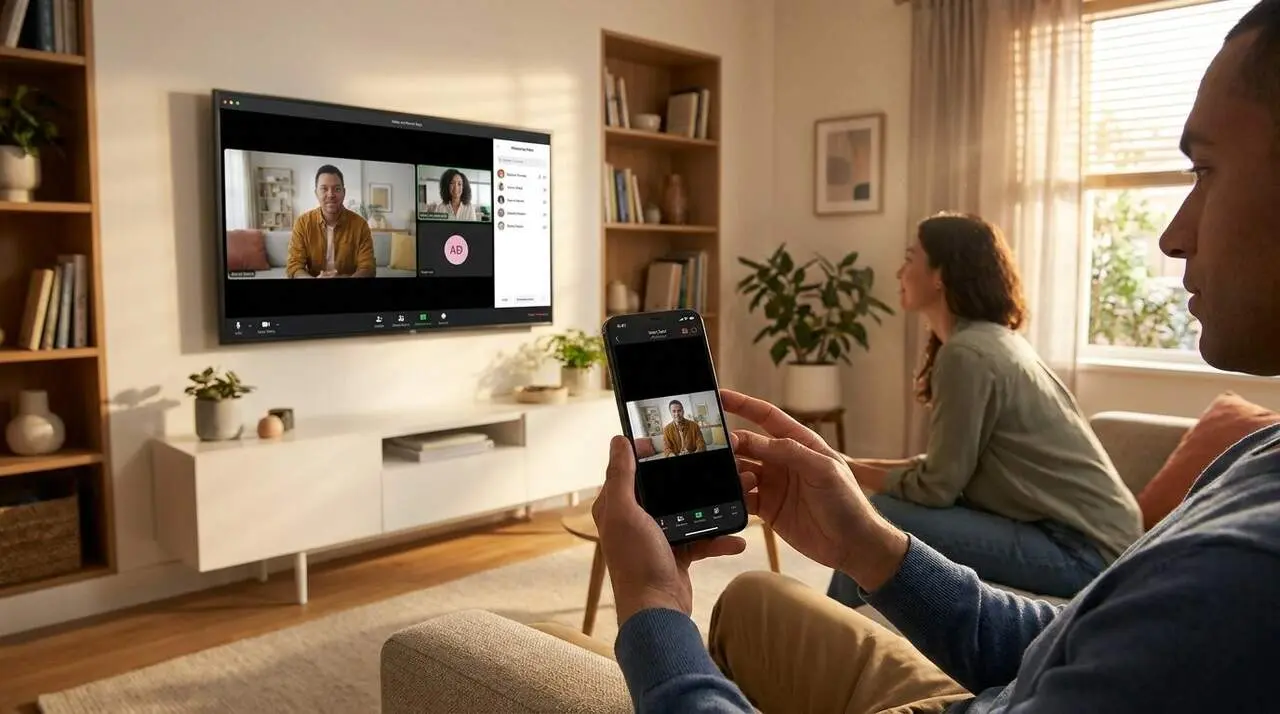 M&agrave;niga mostrant un tel&egrave;fon intel&middot;ligent amb pantalla projectada en una televisi&oacute; moderna per a mirroring m&ograve;bil a TV &mdash; Imagen generada por IA
