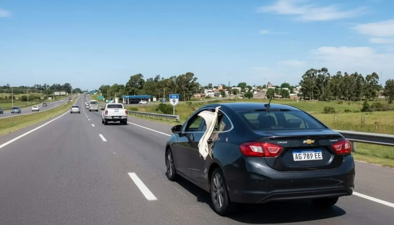 Tela blanca penjant d&rsquo;una finestra de cotxe significat i simbolisme en rutes i viatges per carretera &mdash; Imagen generada por IA