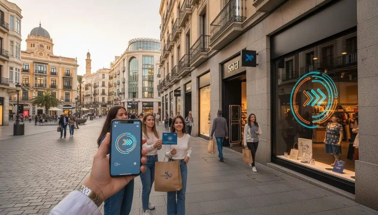 Client pagant amb Bizum a una botiga f&iacute;sica a Espanya amb terminal de pagament digital modern &mdash; Imagen generada por IA