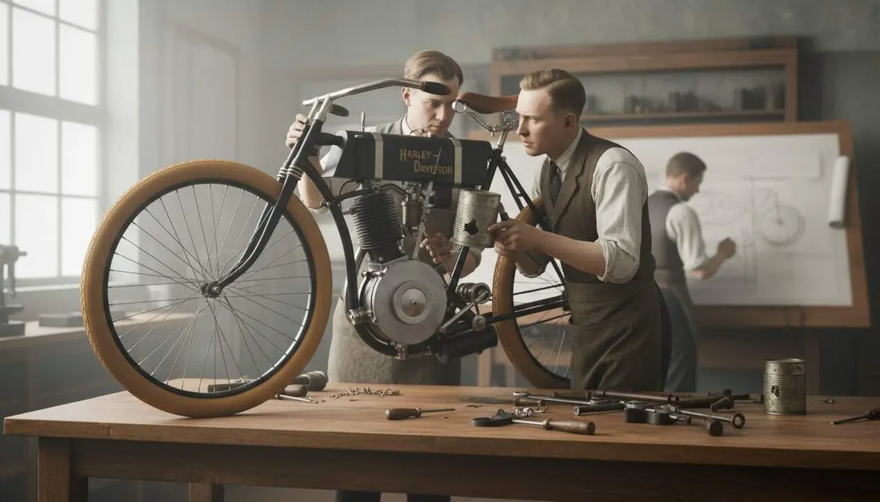  Tres enginyers inventen el primer carburador Harley-Davidson utilitzant una llauna de tom&agrave;quet fa 123 anys &mdash; Imagen generada por IA 