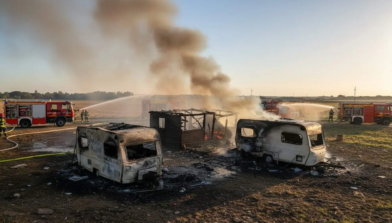 Caseta i dues autocaravanes cremades a Montbri&oacute; del Camp amb sis dotacions actuant en l&rsquo;incendi &mdash; Imagen generada por IA