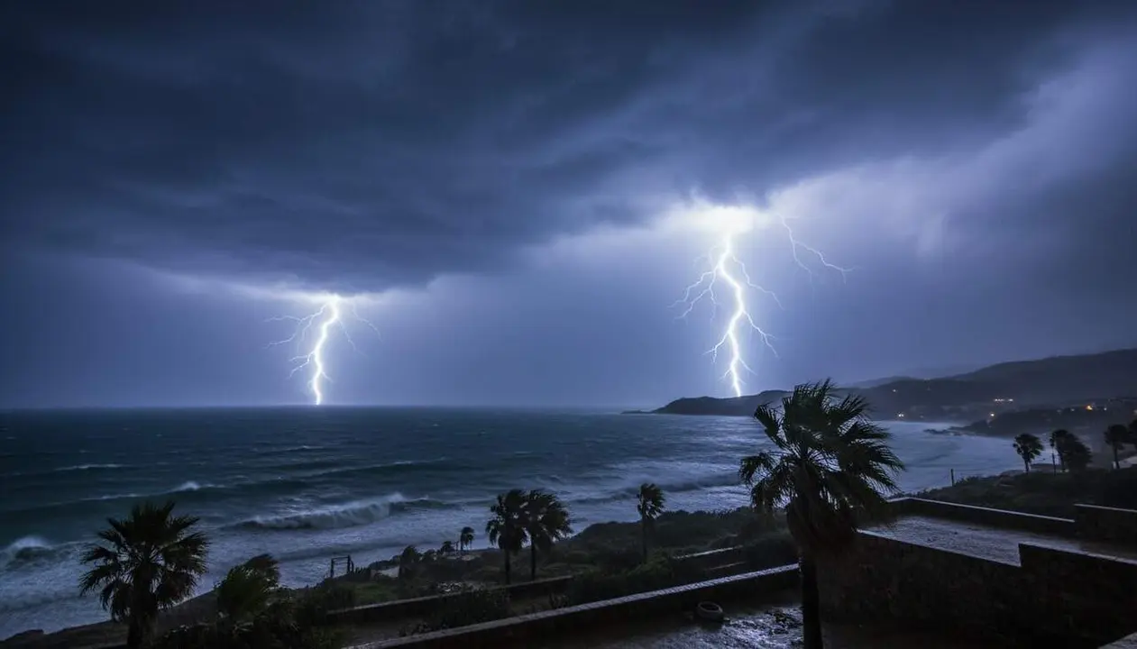  Ruixats amb tempesta i llamps al litoral sud de Tarragona durant la matinada amb impacte al Perell&oacute; &mdash; Imagen generada por IA 