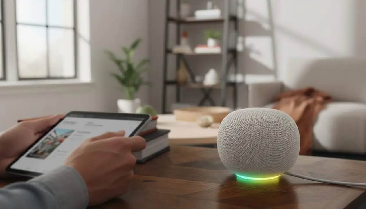  Google Home Speaker amb Gemini integrat millora l'experi&egrave;ncia d'&agrave;udio i assist&egrave;ncia per a cases intel&middot;ligents connectades &mdash; Imagen generada por IA 