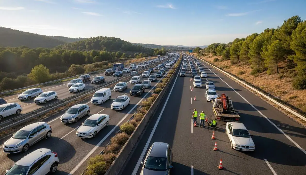 Imatge de l&rsquo;AP 7 al Papiol amb un carril tallat a causa d&rsquo;una avaria i vehicles formant retencions &mdash; Imagen generada por IA