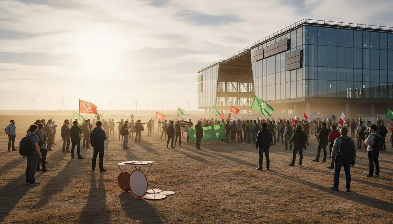  Manifestaci&oacute; d&rsquo;Ecologistes en Acci&oacute; i CGT contra la gigafactoria d&rsquo;intel&middot;lig&egrave;ncia artificial a M&oacute;ra la Nova per motius mediambientals i socials &mdash; Imagen generada por IA 