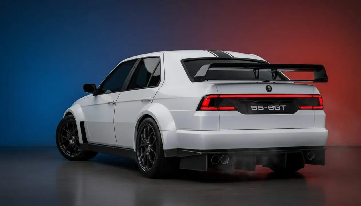  Alfa Romeo 155 SGT 2026 en acci&oacute; destacant el seu disseny innovador i prestacions esportives excepcionals &mdash; Imagen generada por IA 