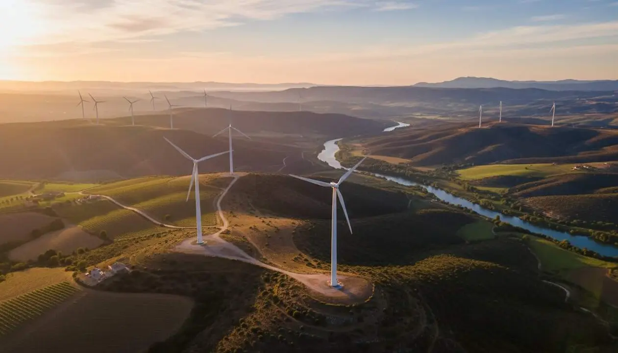 Vista panor&agrave;mica de tres parcs e&ograve;lics amb aerogeneradors que transformaran la Terra Alta i la Ribera d&rsquo;Ebre &mdash; Imagen generada por IA
