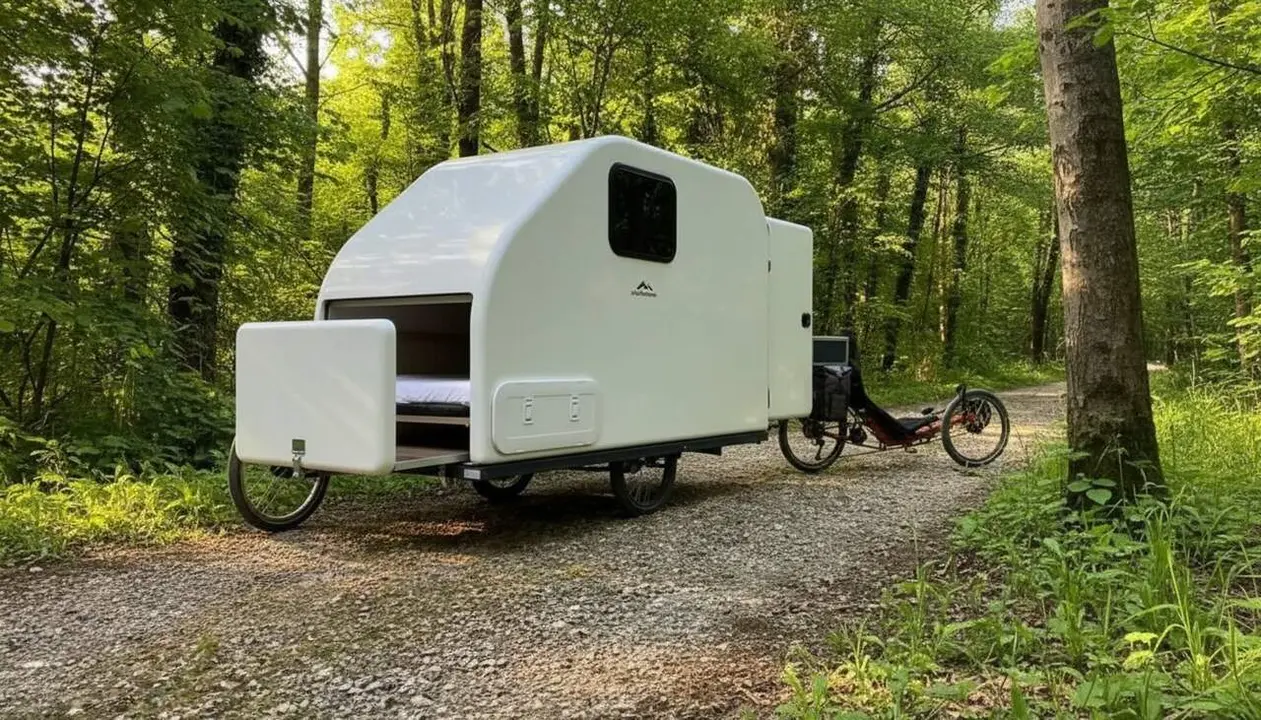  Minicaravana Alpencamper Eco Slide Out de 52 kg amb llit per a dos i sistema lateral lliscant per a bicicletes i acampada c&ograve;moda &mdash; Imagen generada por IA 