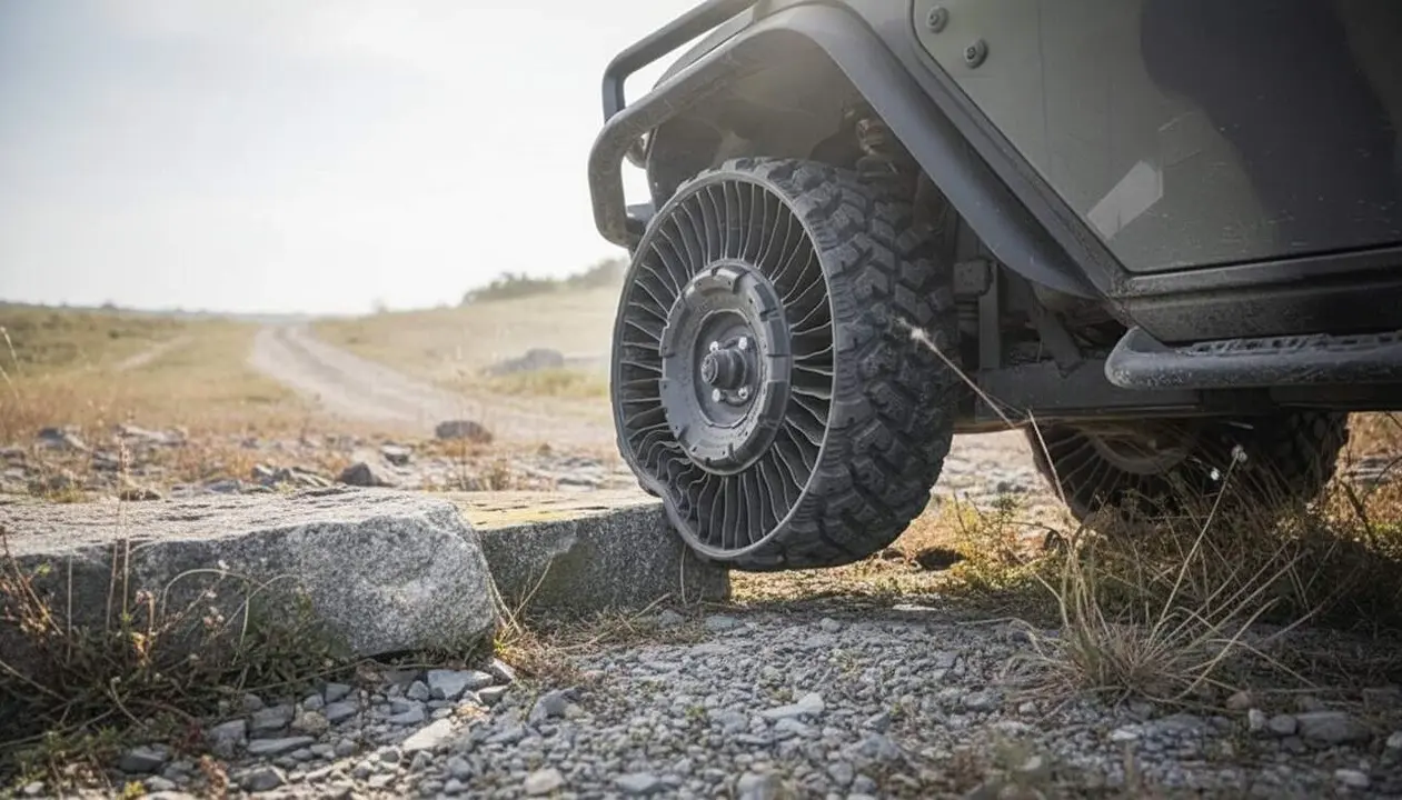  Neum&agrave;tics militars sense aire de Michelin revolucionen la seguretat i el rendiment en vehicles t&agrave;ctics d&rsquo;operacions especials &mdash; Imagen generada por IA 