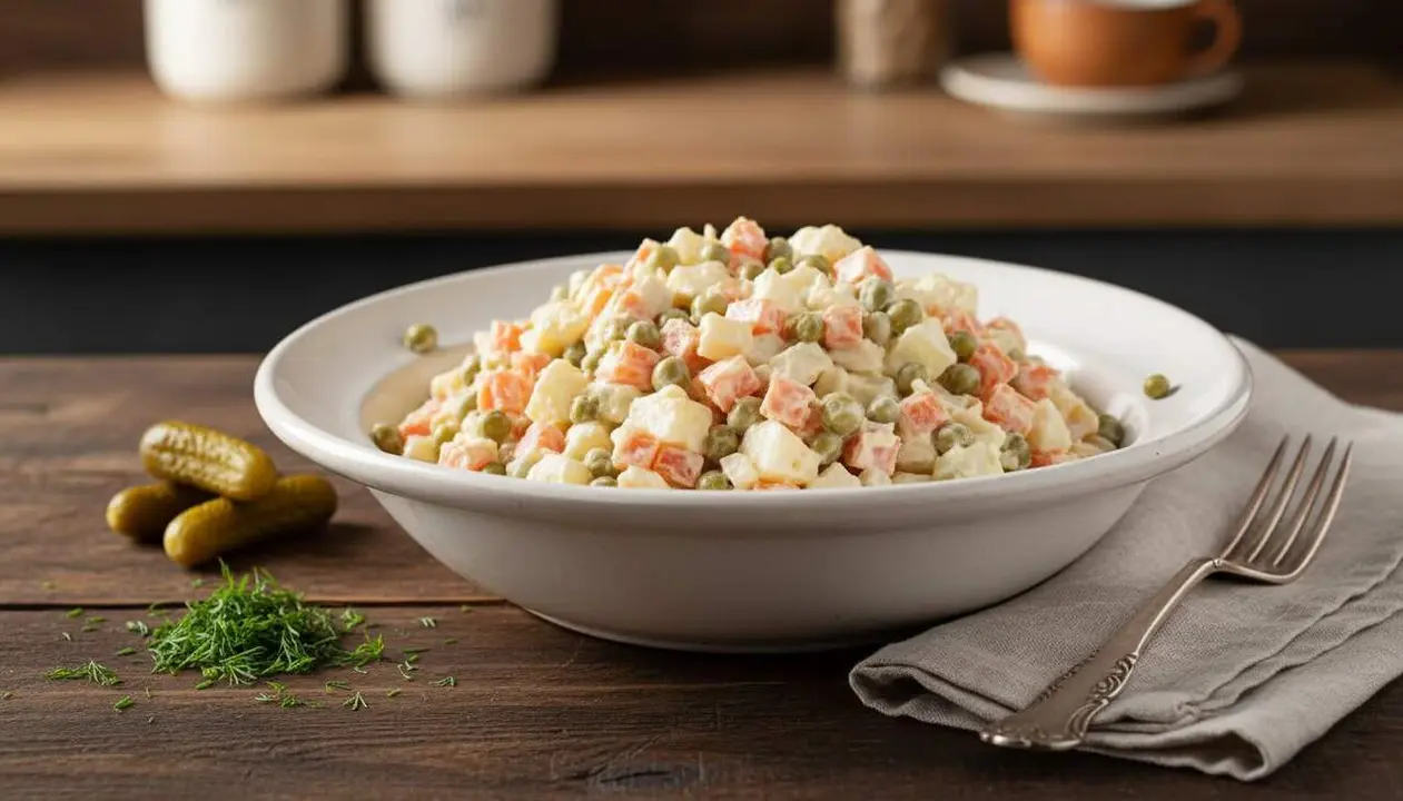  Ensaladilla russa tradicional amb pepinillos perfectament tallats segons els secrets dels cuiners russos &mdash; Imagen generada por IA 