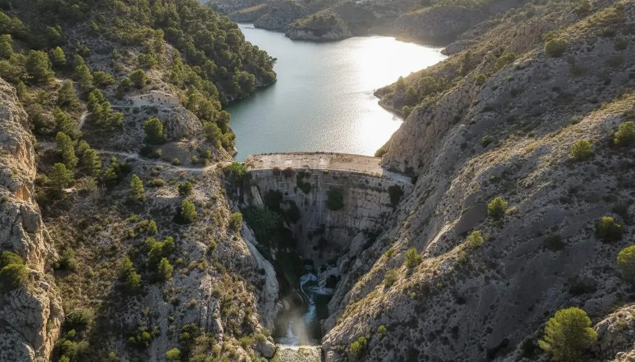 Imatge panor&agrave;mica del pant&agrave; m&eacute;s antic d&rsquo;Europa a Alacant amb un paisatge natural preservat i muntanyes al fons &mdash; Imagen generada por IA 