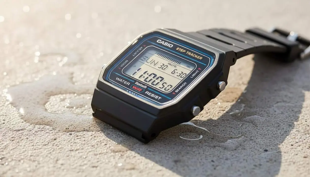  Rellotge digital Casio F-B100W retro amb bateria de 2 anys i connectivitat Bluetooth per a dispositius moderns &mdash; Imagen generada por IA 