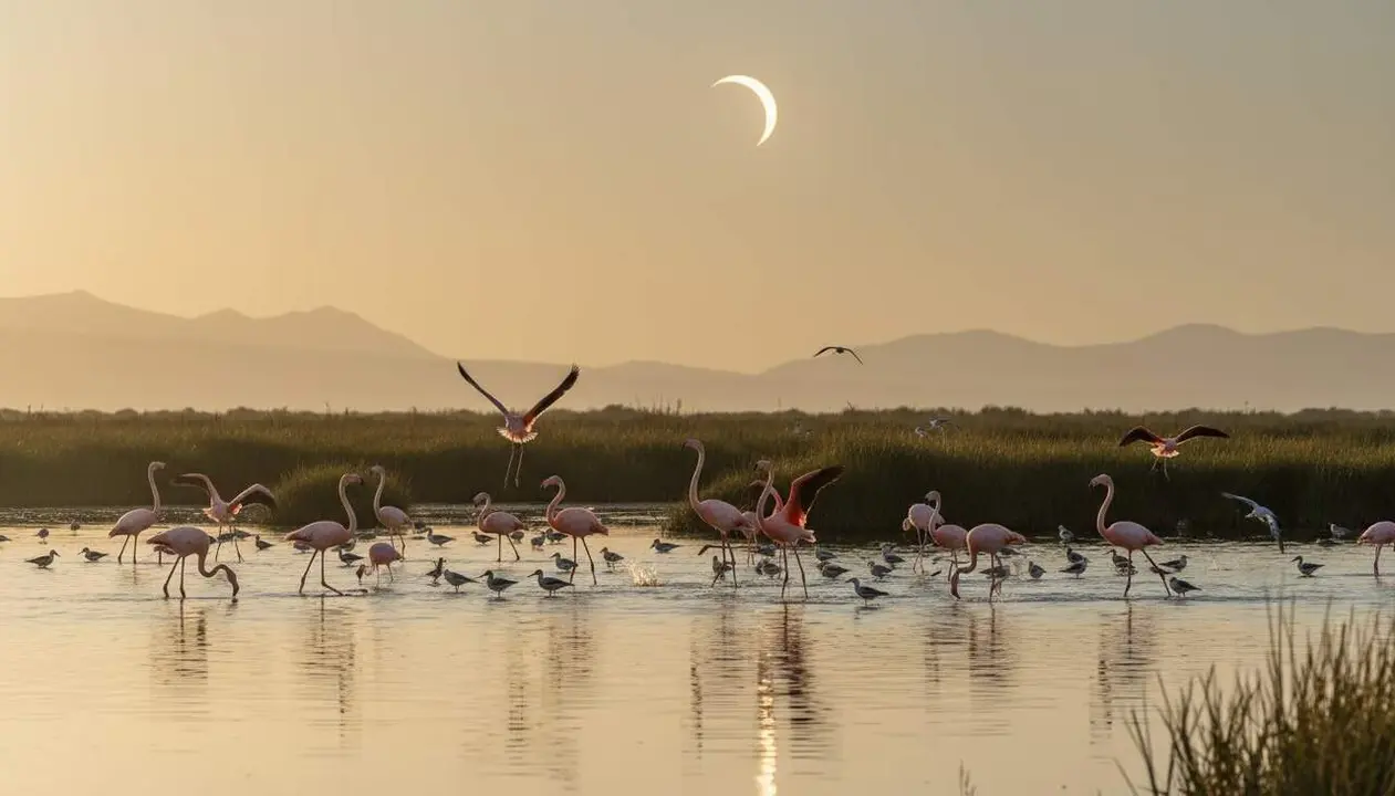  Flamencs i ocells del Delta de l&rsquo;Ebre reaccionant durant l&rsquo;eclipsi solar de 90 segons en un h&agrave;bitat protegit &mdash; Imagen generada por IA 