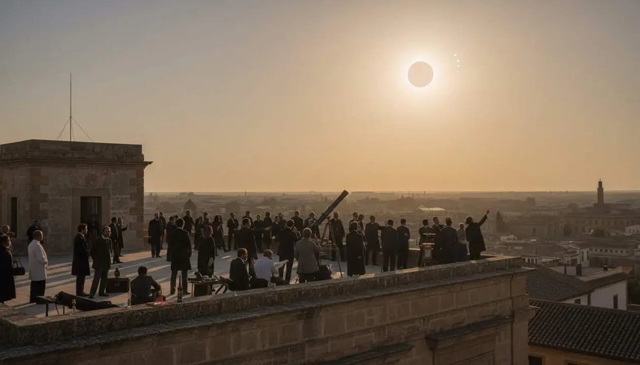  Eclipsi solar total a Tortosa fa 121 anys que va marcar la hist&ograve;ria de l&rsquo;astronomia i l&rsquo;Observatori de l&rsquo;Ebre &mdash; Imagen generada por IA 