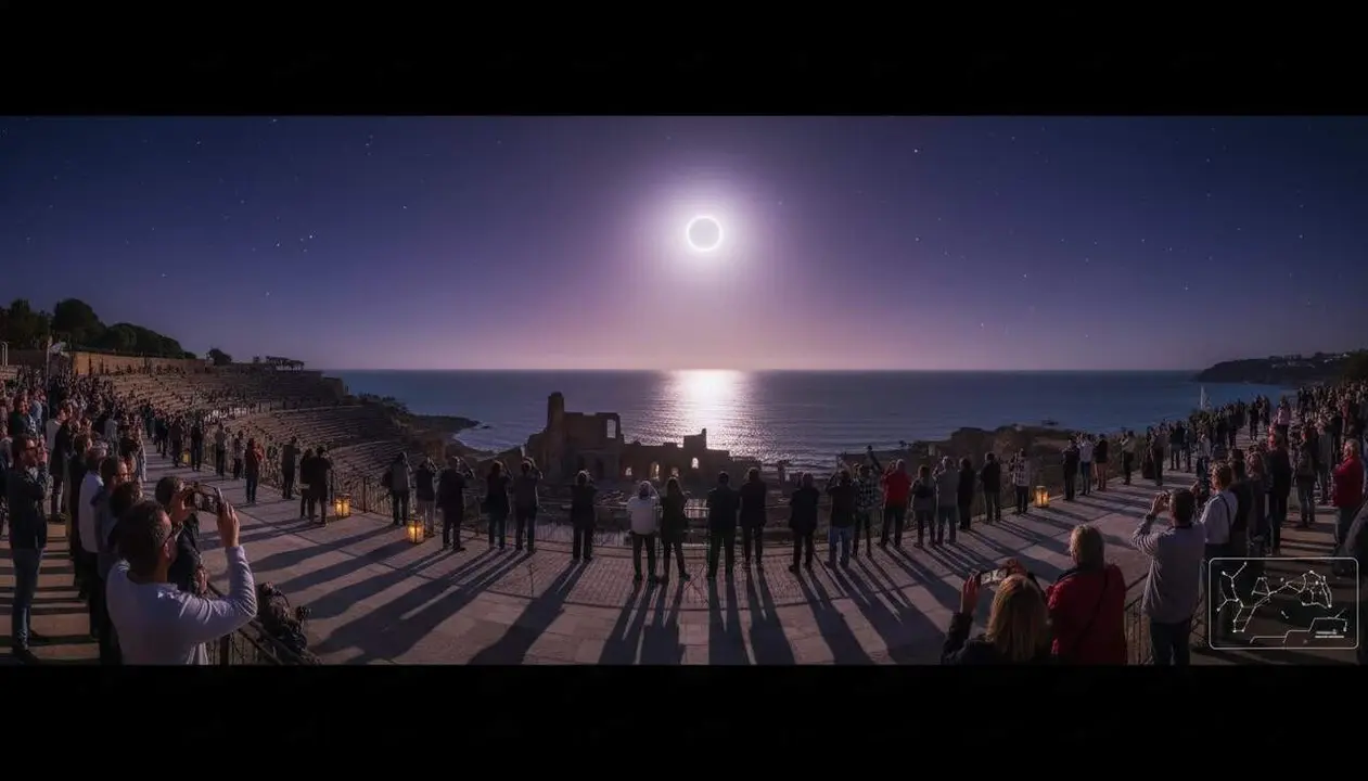 Vista panor&agrave;mica del cel de Tarragona durant l'eclipsi solar total de 2026 amb l'horitz&oacute; en foscor completa &mdash; Imagen generada por IA