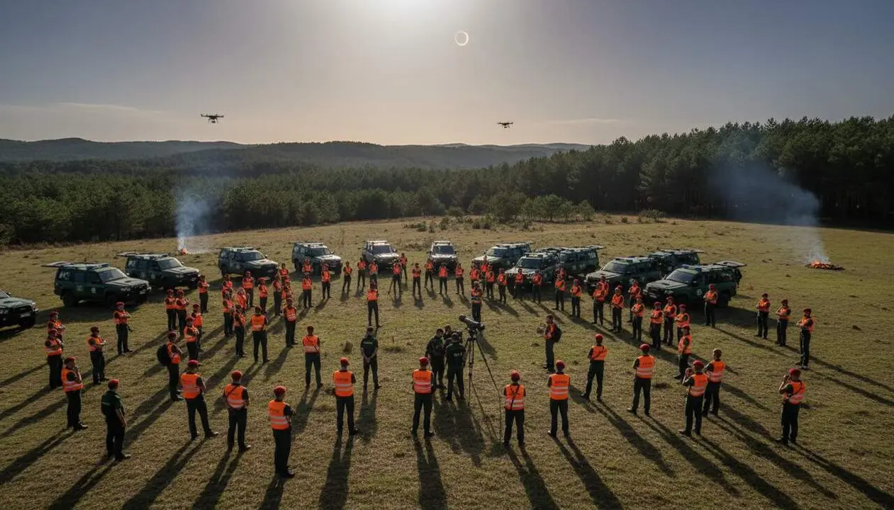  Equipo de agentes rurales coordinando un operativo especial para el eclipse solar con gran despliegue de efectivos &mdash; Imagen generada por IA 