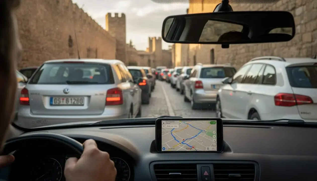  Montblanc amb cotxes atrapats al poble per rutes err&ograve;nies de Google Maps cada cap de setmana &mdash; Imagen generada por IA 