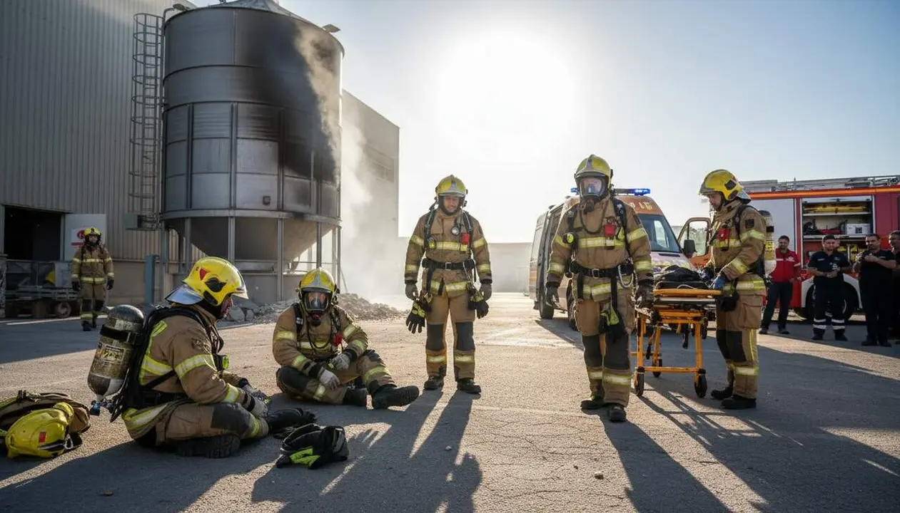  Cuatro bomberos de Reus con heridas leves tras una deflagraci&oacute;n en incendio de empresa de frutos secos &mdash; Imagen generada por IA 
