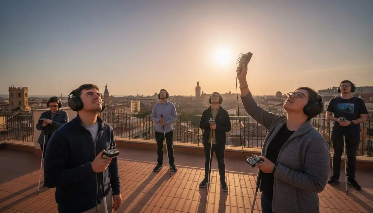  Persones amb discapacitat visual de Reus viuen l&rsquo;eclipsi gr&agrave;cies a un dispositiu que tradueix la llum en sons emocionants &mdash; Imagen generada por IA 