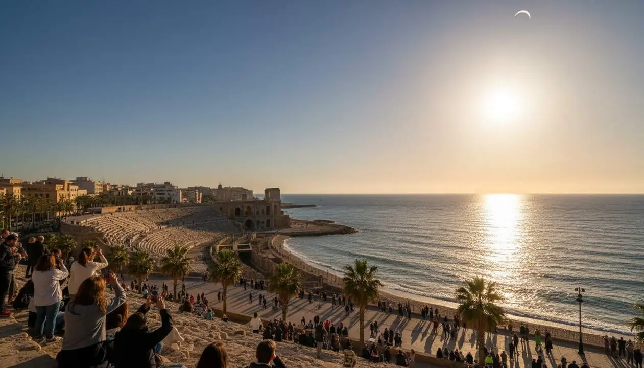  Moment de l'eclipsi celebrat pel sector tur&iacute;stic de Tarragona amb incertesa sobre l'impacte real en les reserves d'allotjament - Imagen generada por IA 