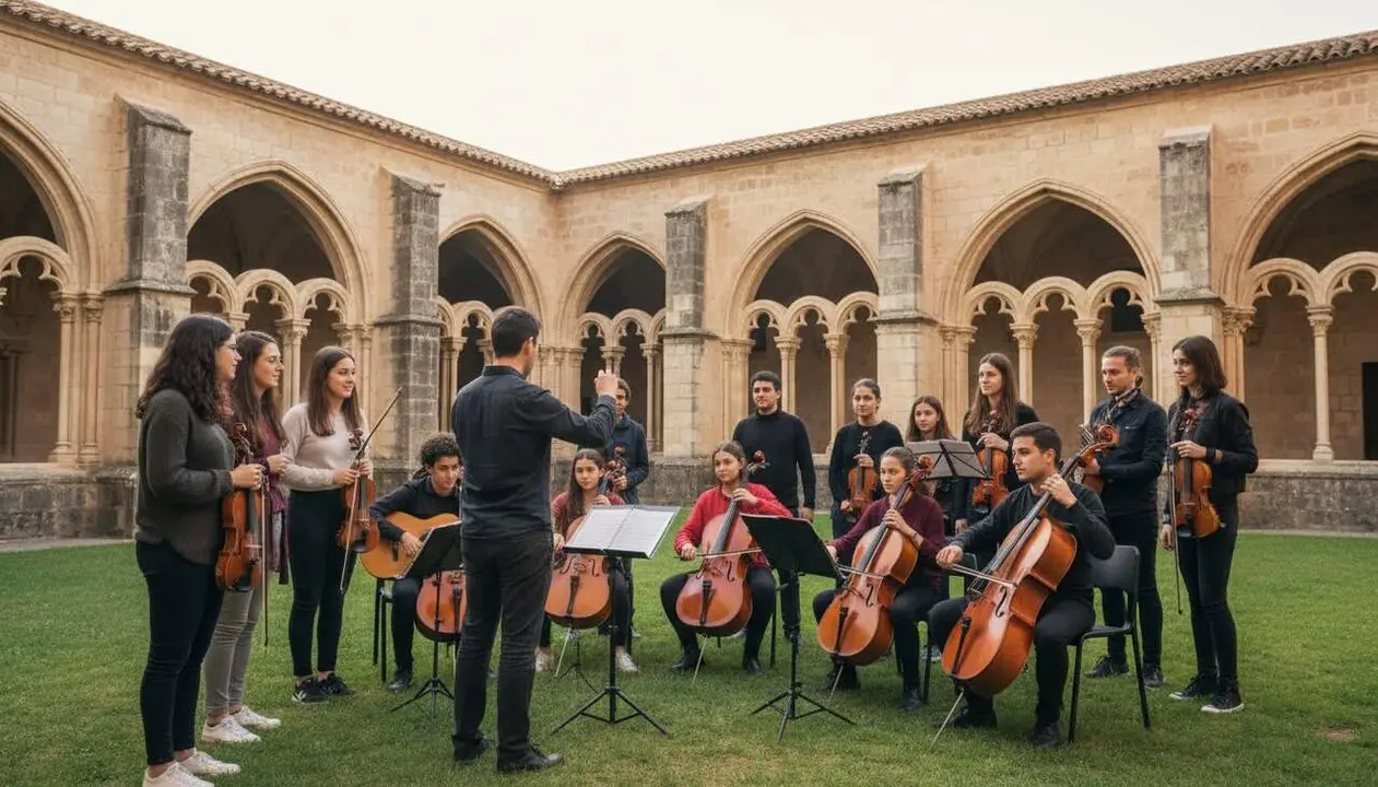 15 joves de Can Ros milloren la salut mental i inclusi&oacute; laboral amb m&uacute;sica al festival Jordi Savall de Santes Creus &mdash; Imagen generada por IA