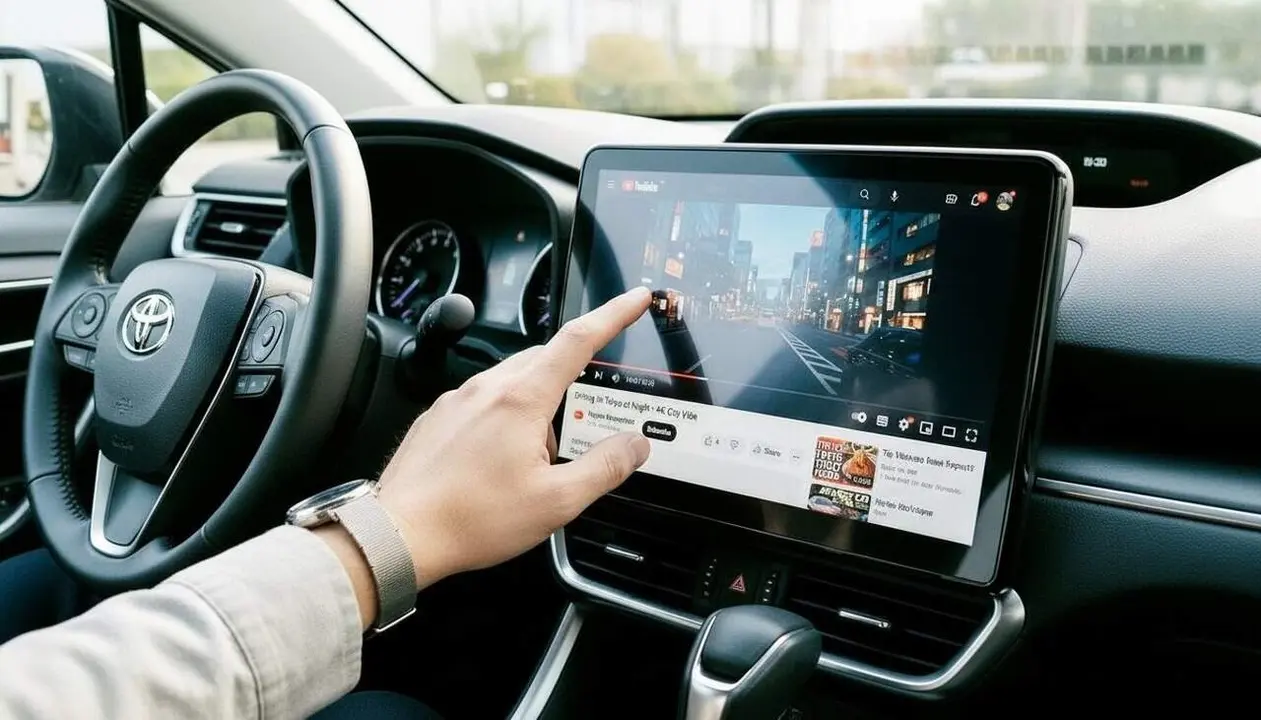 Pantalla de cotxe amb Android Auto mostrant v&iacute;deos de YouTube per a usuaris amb Android 16 en vehicles estacionats &mdash; Imagen generada por IA