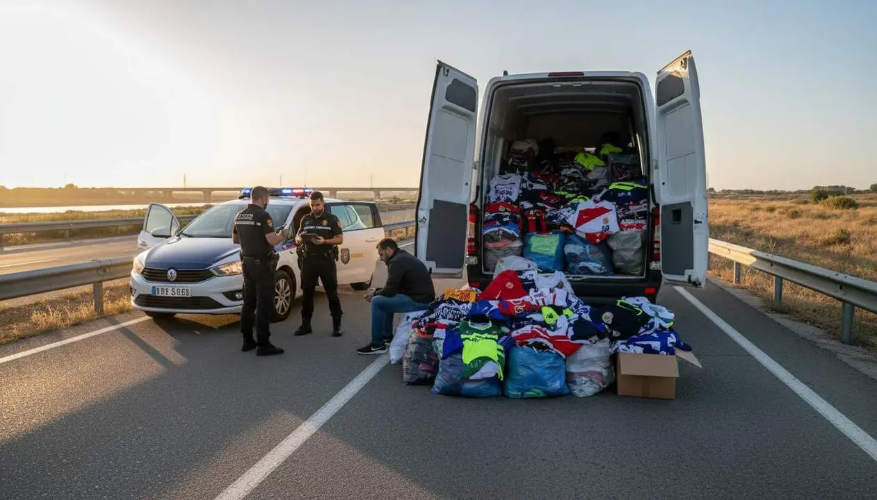 Detingut a Amposta un home de 37 anys amb m&eacute;s de 800 samarretes falses en un control a la N-340 &mdash; Imagen generada por IA