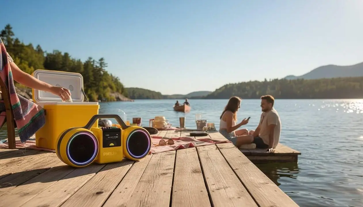 Philips The Roller altaveu Bluetooth port&agrave;til amb disseny retro i tecnologia moderna per a amants del so vintage i dels anys 80 &mdash; Imagen generada por IA