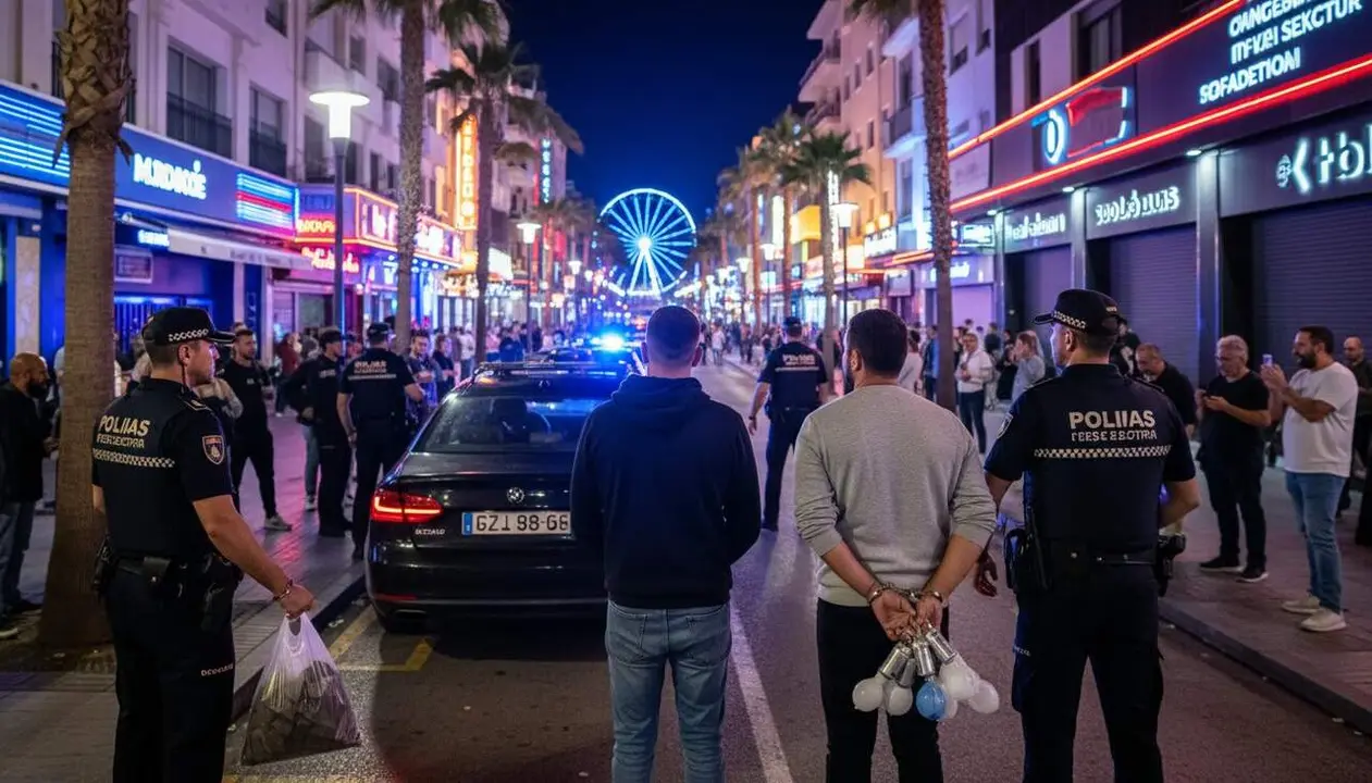  Detenci&oacute; de tres multirreincidents a Salou per tr&agrave;fic d'haixix i &ograve;xid nitr&oacute;s a la zona d'oci nocturn - Imagen generada por IA 