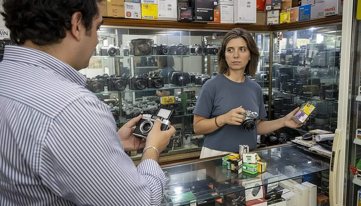 Jove utilitzant un carrete fotogr&agrave;fic en un viatge per descobrir la fotografia anal&ograve;gica i la cultura vintage &mdash; Imagen generada por IA