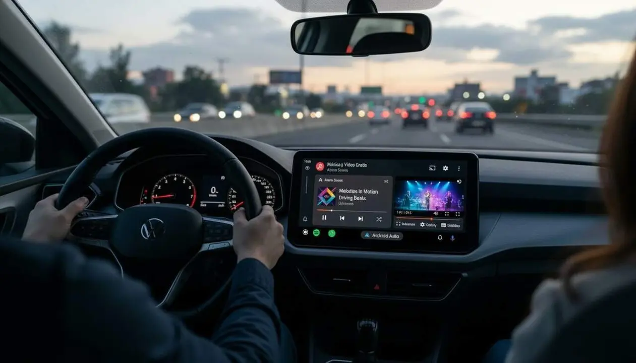  Interf&iacute;cie de Spotitanus per Android Auto mostrant videoclips i mode karaoke a la pantalla del cotxe - Imagen generada por IA 