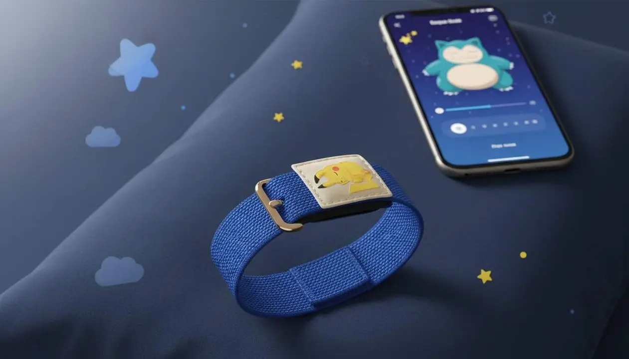  Fitbit Air Edici&oacute; Pok&eacute;mon Sleep mostrant la correa blava amb Pikachu adormit per activar i fer cr&eacute;ixer Snorlax jugando amb dades de son - Imagen generada por IA 