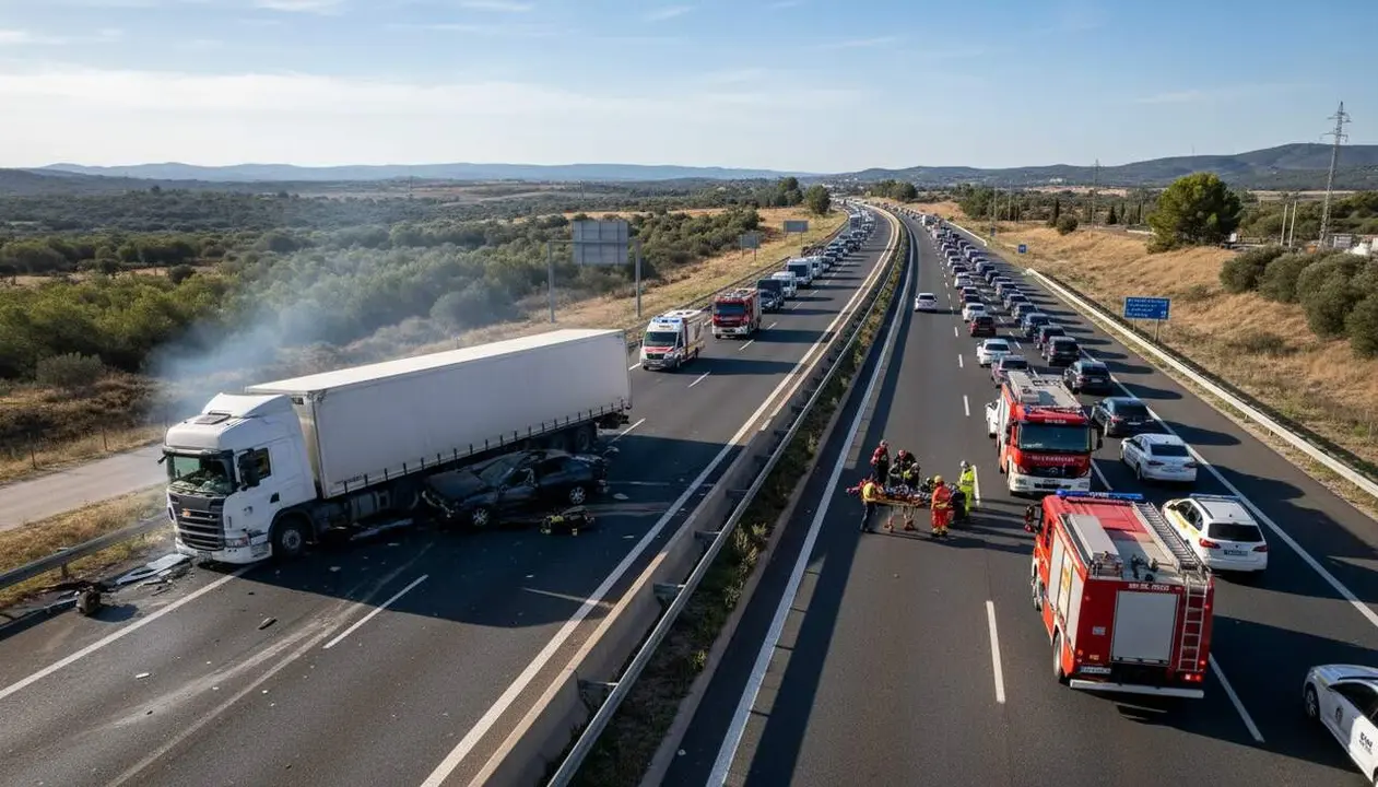  Accident greu entre un cami&oacute; i un turisme a l'AP-7 al Vendrell amb un home de 45 anys ferit cr&iacute;tic - Imagen generada por IA 