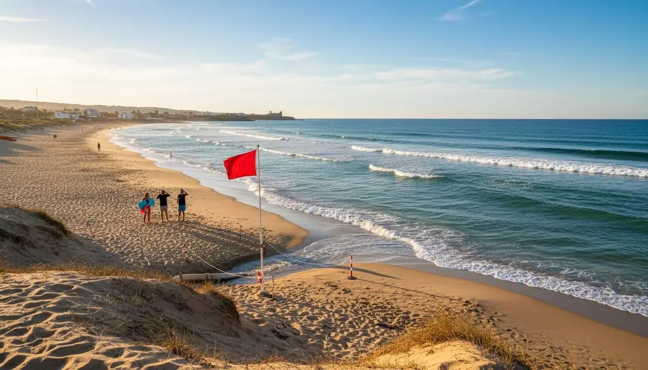  Bandera vermella hissada a la platja de Creixell per un abocament que restringeix el bany i alerta la poblaci&oacute; - Imagen generada por IA 