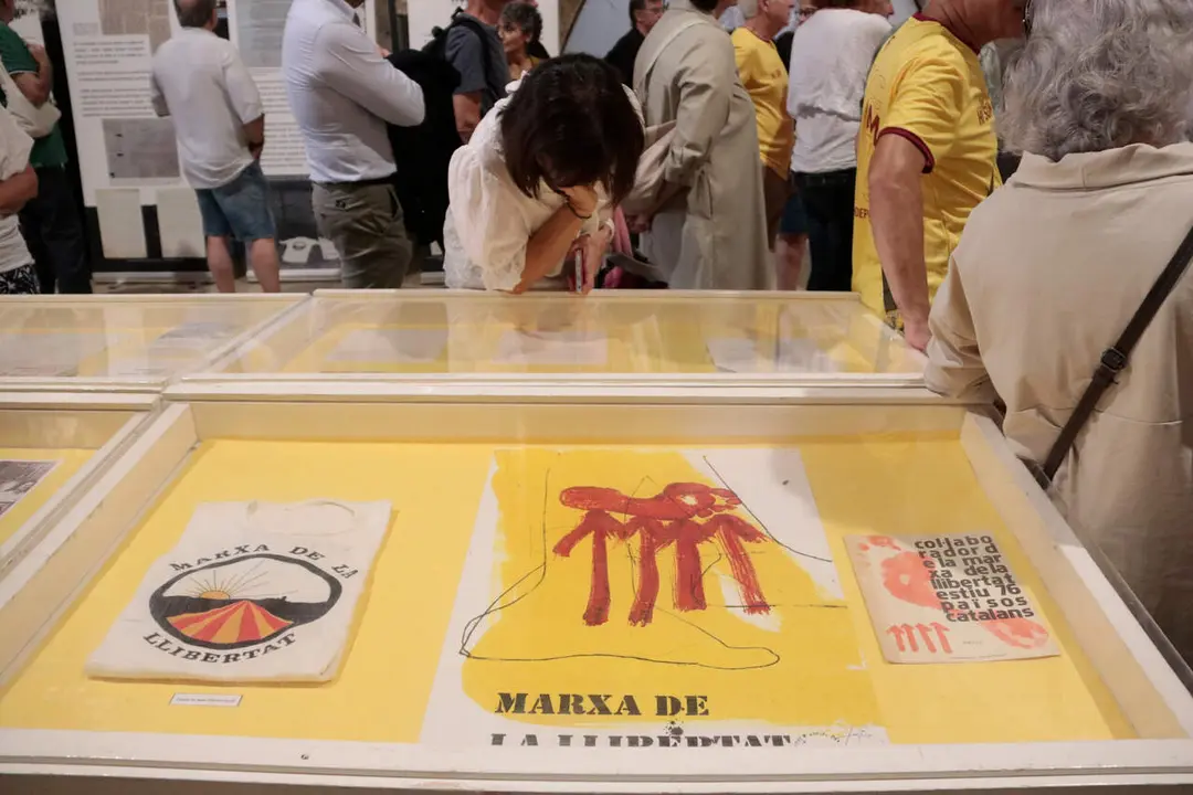 Una dona observa un dels plafons amb material de la Marxa de la Llibertat a l'exposici&oacute; de l'Arxiu Comarcal de la Conca de Barber&agrave;
Font: Ariadna Escoda / Agencia Catalana de Noticies