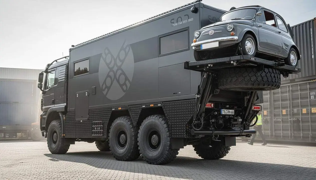 SOD Peak 8x8: el cami&oacute; camper de luxe amb plataforma per transportar un Fiat 500 &mdash; Imagen generada por IA