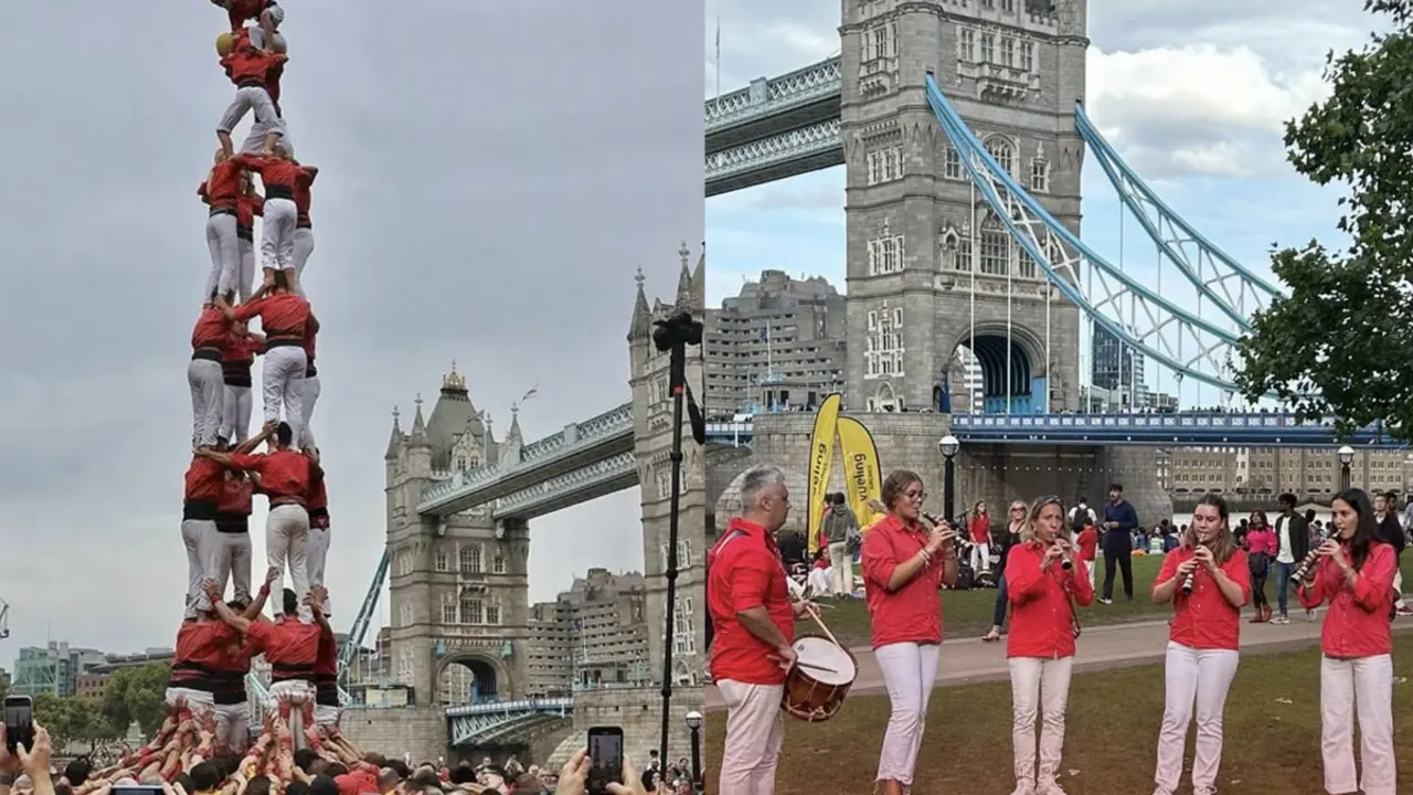 Colla Joves Xiquets de Valls actuant a Londres davant del Tower Bridge. Imatge X @revistacastells