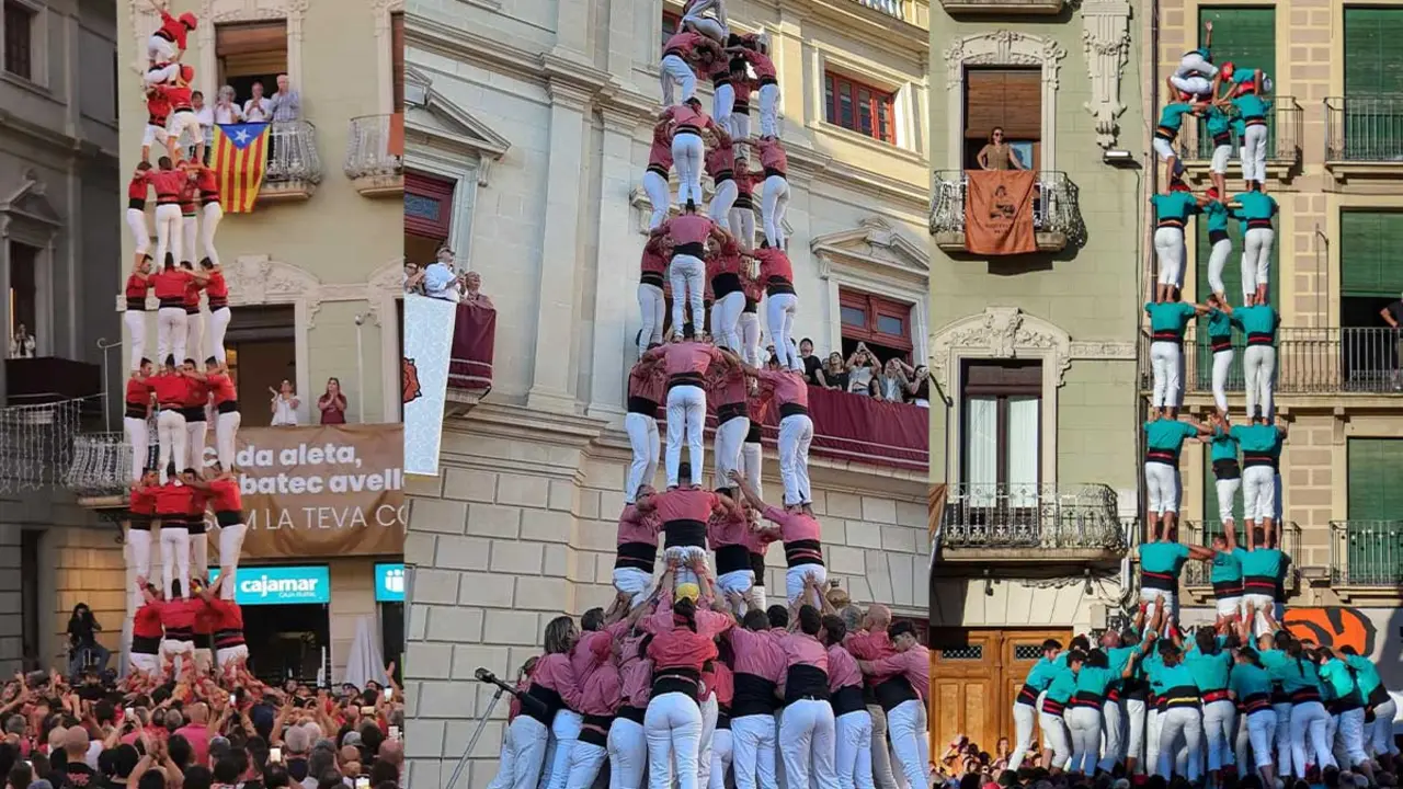Castells al Mercadal de Reus 2025. Imagen Instagram @jovesvalls @collavella @castellersdevilafranca