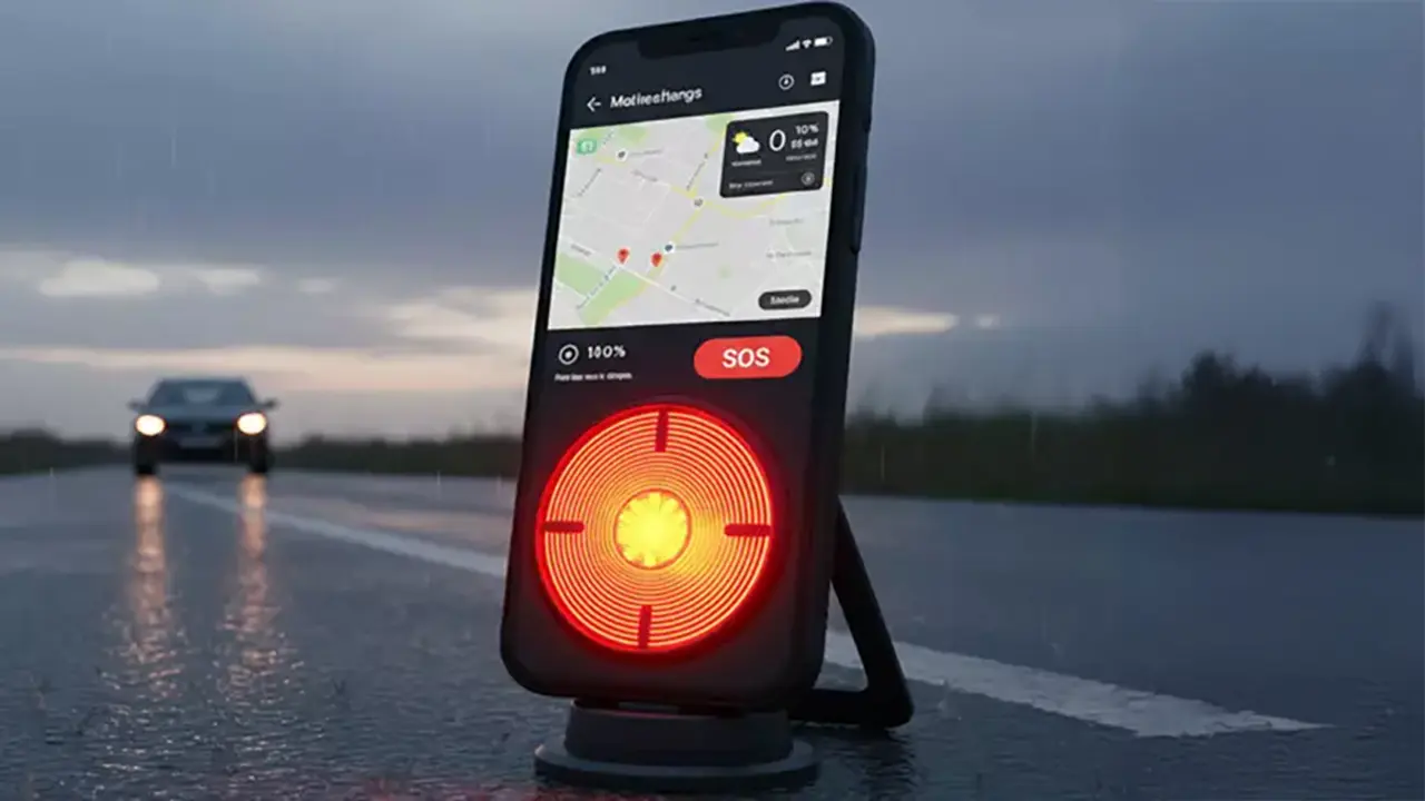 Baliza V16 connectada al sostre d&rsquo;un cotxe aturat a l&rsquo;AP-7. Xataka.