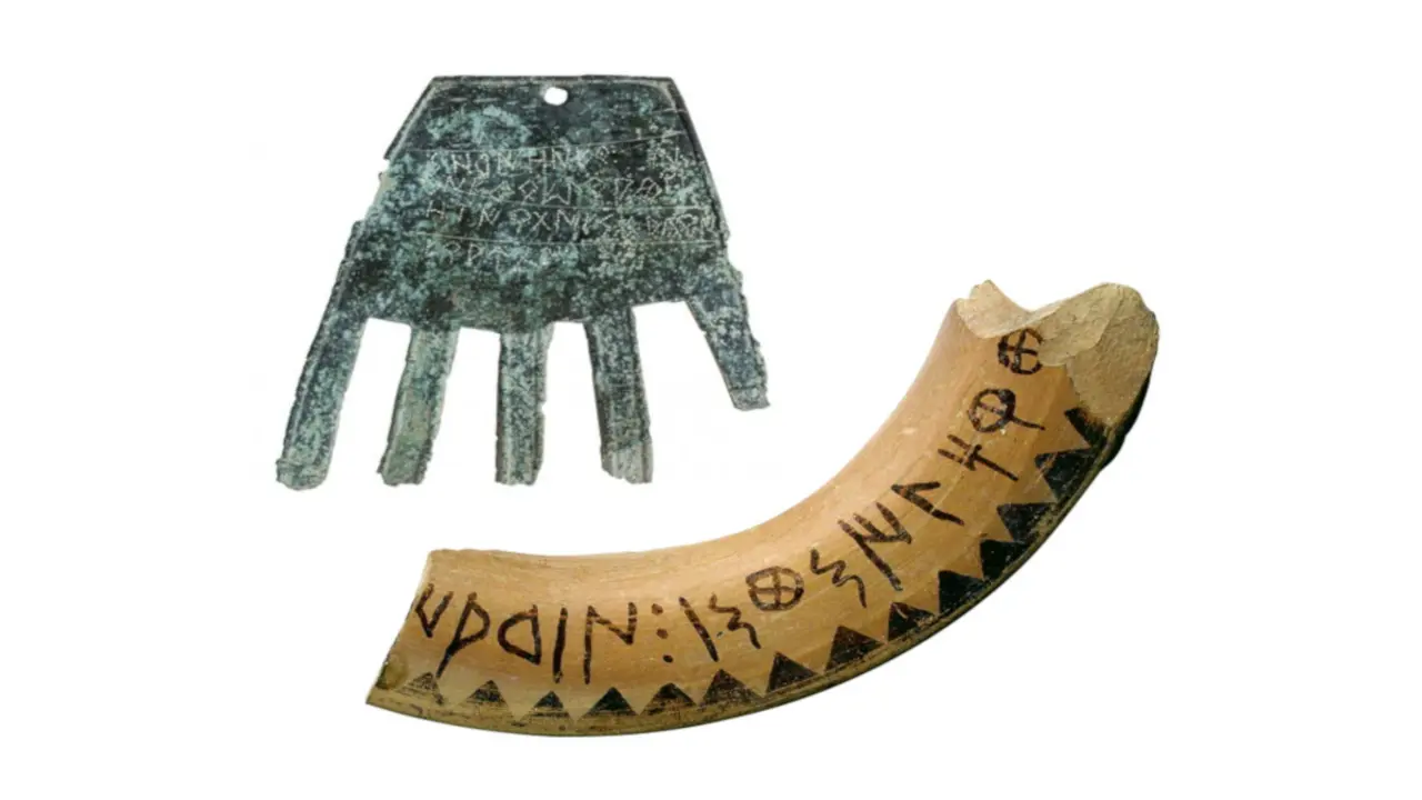 M&agrave; de bronze d'Irulegi, amb llengua euskera, i fragment de cer&agrave;mica amb lletra ib&egrave;rica.