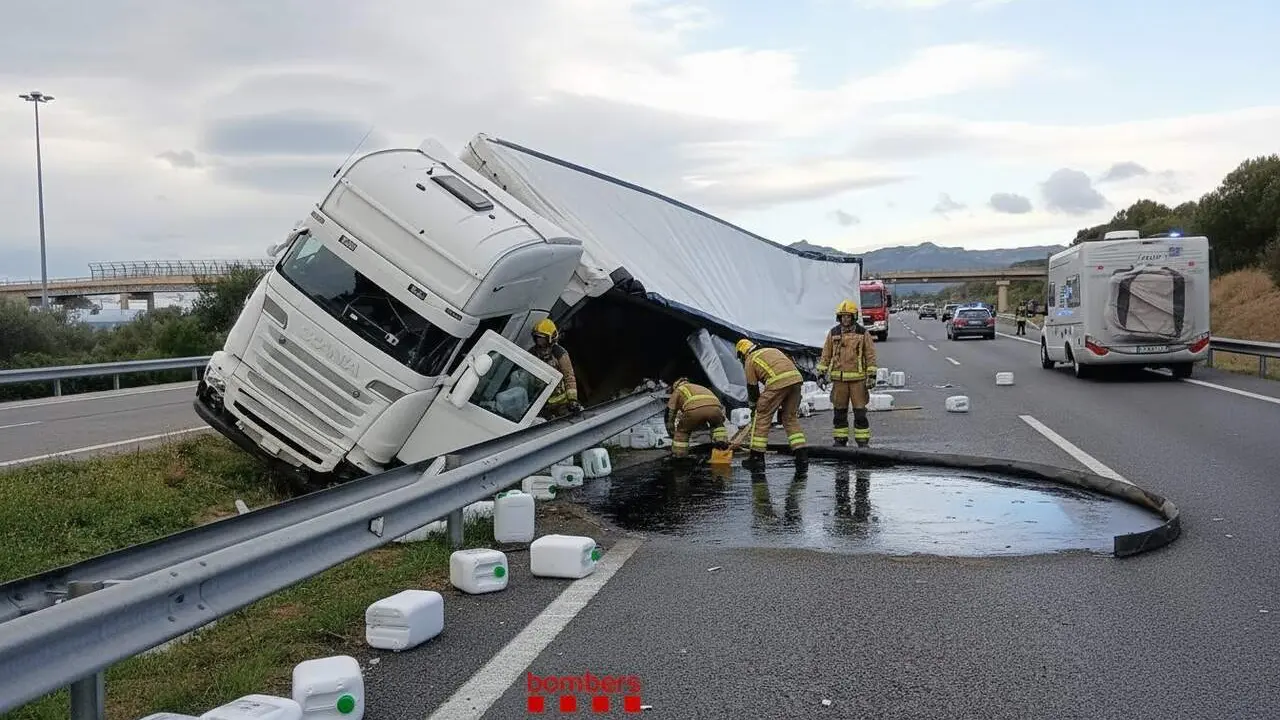 Cami&oacute; bolcat a l&rsquo;AP-7 a Mont-roig del Camp amb fuita de combustible i carga de fertilitzants escampada a la via