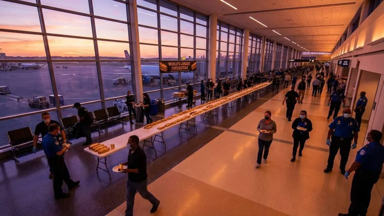 Recreaci&oacute; amb IA del r&egrave;cord Guiness que va batre Filad&egrave;lfia al seu aeroport.