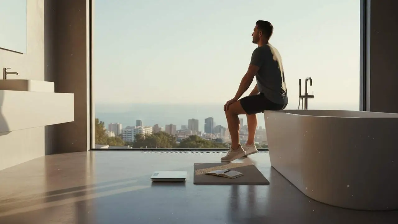 Persona mirant la balan&ccedil;a amb preocupaci&oacute; mentre reflexiona sobre la import&agrave;ncia de no obsessionar-se amb el pes